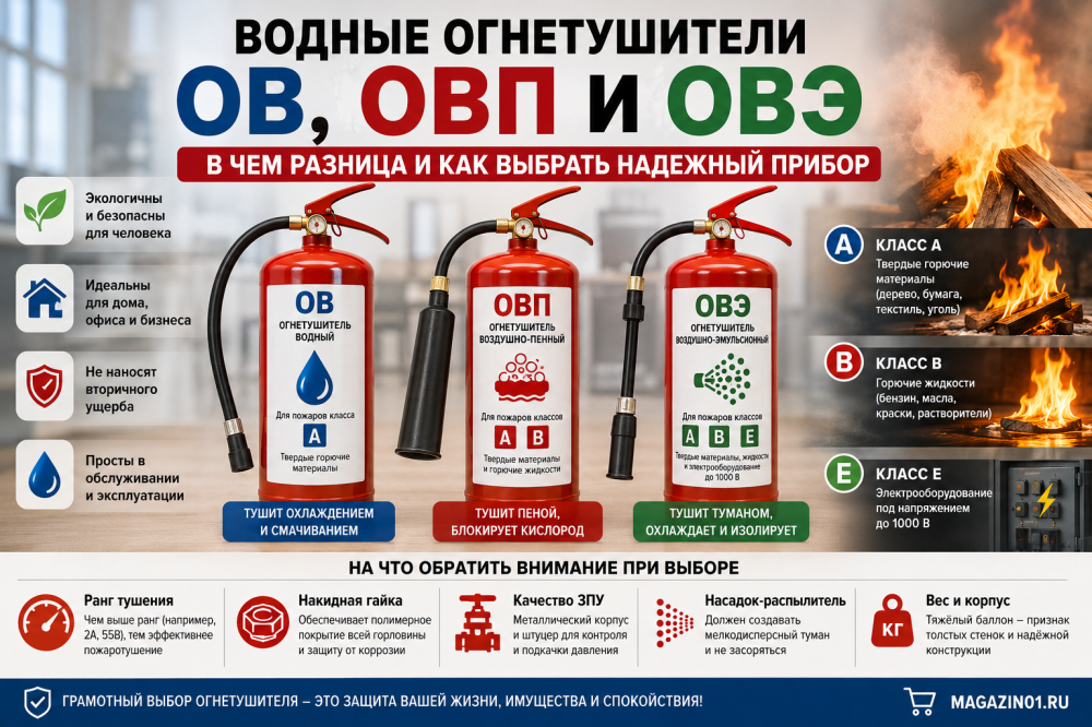 Водные огнетушители ОВ, ОВП и ОВЭ: в чем разница и как выбрать надежный прибор