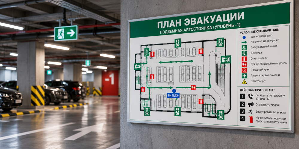 План эвакуации для паркинга: требования, разработка и оснащение подземных и наземных автостоянок