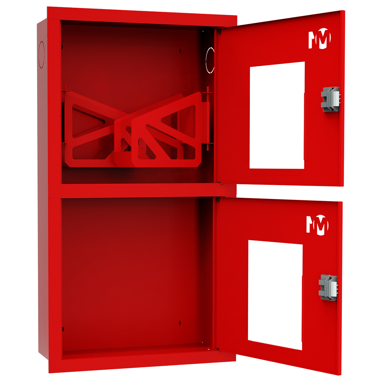 ШП-К-О-003-12 "Т" ВОК М01 ЕВРО правый шкаф пожарный с евроручками (встроенный, открытый, красный)