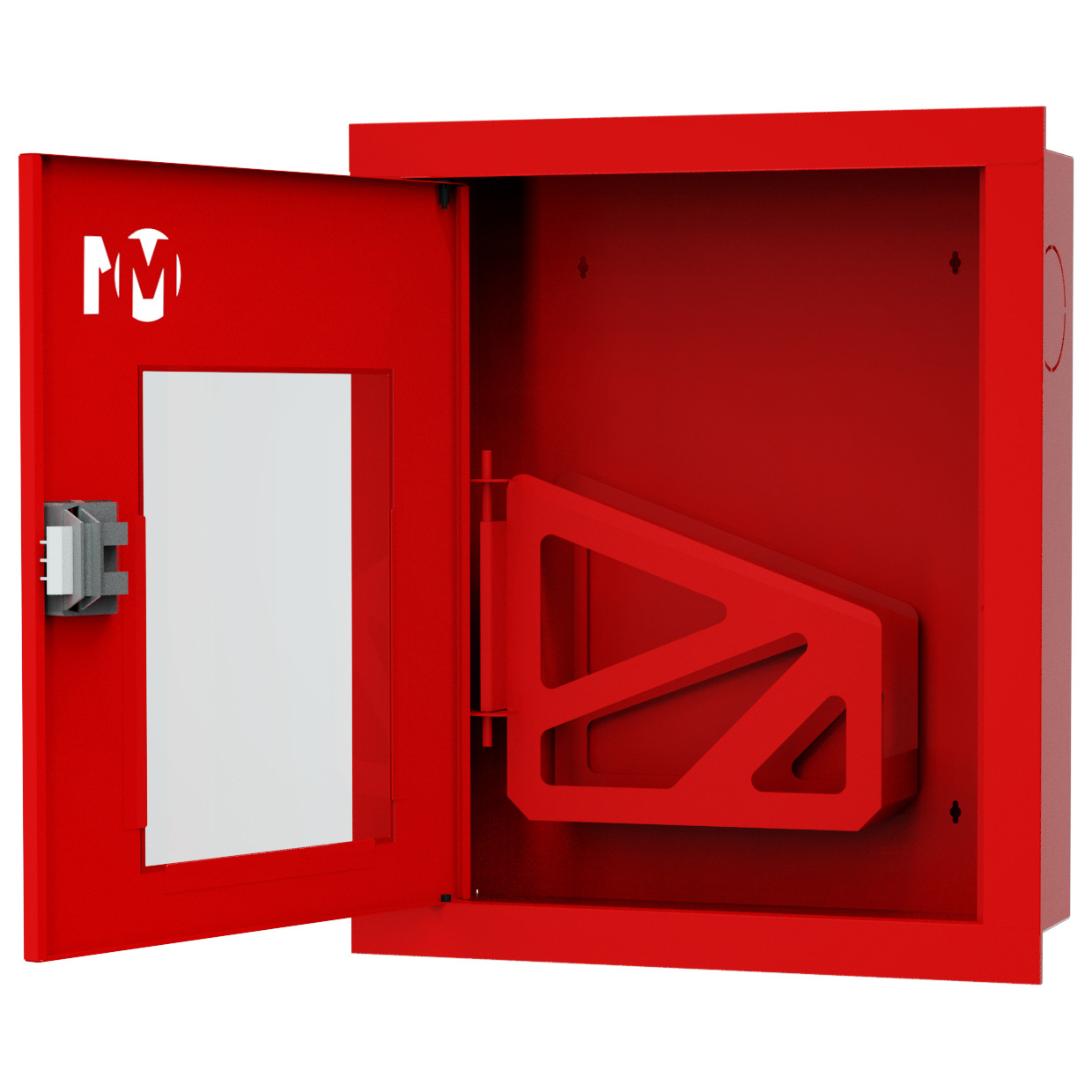ШП-К-001 "Т" ВОК М01 ЕВРО левый шкаф пожарный с евроручкой (встроенный, открытый, красный)