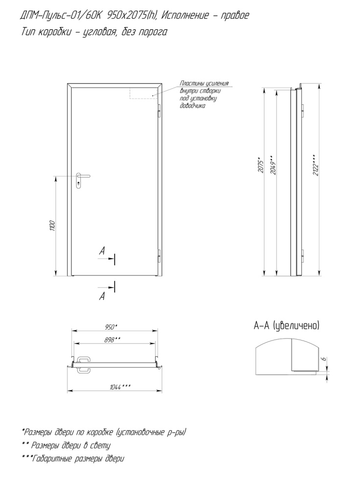 ДПМ-Пульс-01/60К угловая коробка (950х2075), правая, RAL7035, под проём 1000х2100