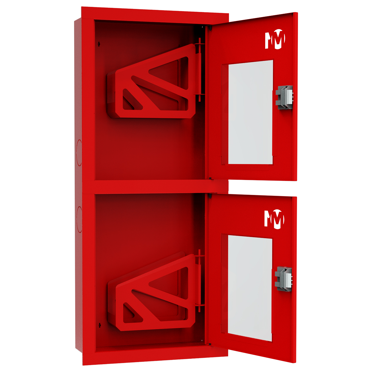 ШП-К-003-21 "Т" ВОК М01 ЕВРО правый шкаф пожарный с евроручками (встроенный, открытый, красный)