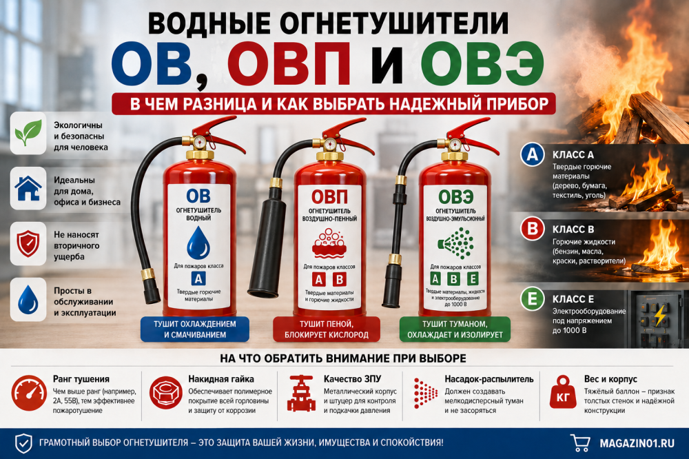 Водные огнетушители ОВ, ОВП и ОВЭ: в чем разница и как выбрать надежный прибор