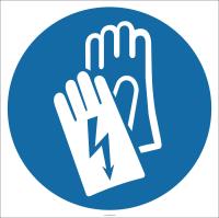 Знак M30 Работать в диэлектрических перчатках на самоклеящейся фотолюминесцентной плёнке на пластиковой основе, 200х200 НПО ПУЛЬС